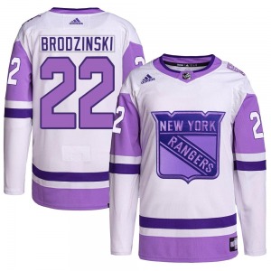 Adult Authentic New York Rangers Jonny Brodzinski White/Purple Hockey Fights Cancer Primegreen Official Adidas Jersey