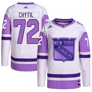 Adult Authentic New York Rangers Filip Chytil White/Purple Hockey Fights Cancer Primegreen Official Adidas Jersey