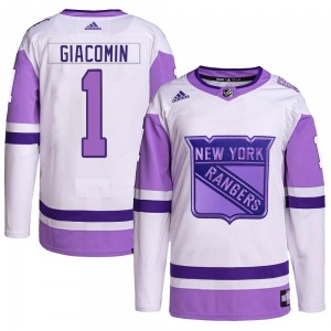 Adult Authentic New York Rangers Eddie Giacomin White/Purple Hockey Fights Cancer Primegreen Official Adidas Jersey