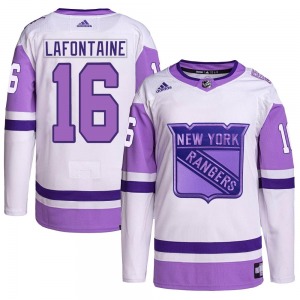 Adult Authentic New York Rangers Pat Lafontaine White/Purple Hockey Fights Cancer Primegreen Official Adidas Jersey