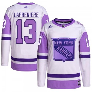 Adult Authentic New York Rangers Alexis Lafreniere White/Purple Hockey Fights Cancer Primegreen Official Adidas Jersey