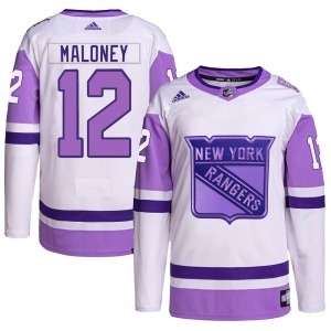 Adult Authentic New York Rangers Don Maloney White/Purple Hockey Fights Cancer Primegreen Official Adidas Jersey