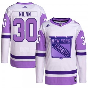 Adult Authentic New York Rangers Chris Nilan White/Purple Hockey Fights Cancer Primegreen Official Adidas Jersey