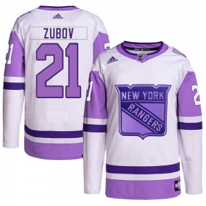 Adult Authentic New York Rangers Sergei Zubov White/Purple Hockey Fights Cancer Primegreen Official Adidas Jersey